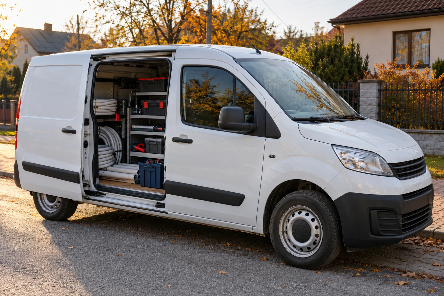 Weißer Transporter mit offener Schiebetür, innen Werkzeugkisten, in einer Straße mit Einfamilienhäusern.