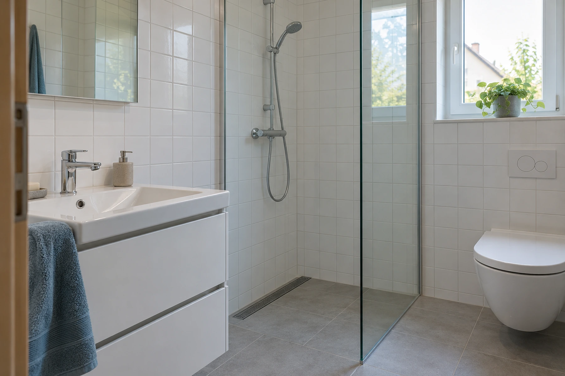 Renoviertes Bad mit weißen quadratischen Fliesen und Dusche hinter Glas.